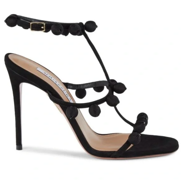 Aquazzura Black Pom Pom Sandals - Picture 3 of 11